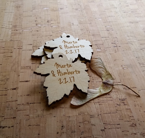 Wood engraved leaf shaped hang tags