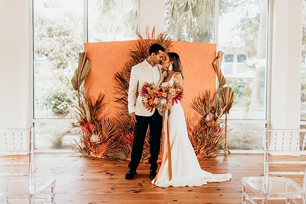 Vibrant coral styled shoot with retro touches