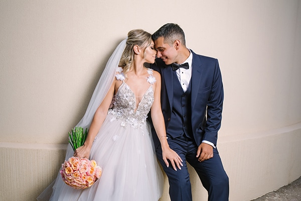 Romantic summer wedding in Athens with Austin roses in coral hues | Margarita & George