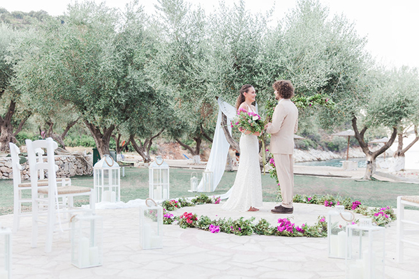 Ultra romantic styled shoot with bougainvillea in a gorgeous olive grove in Ithaka