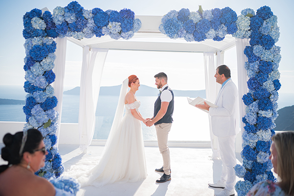 Stunning summer wedding in Santorini with blue hydrangeas | Abbey & Curtis